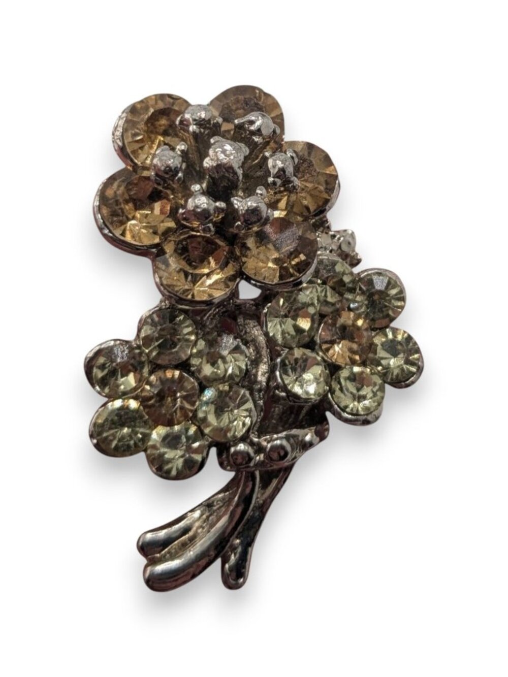 Vintage Glam Floral Rhinestone Bouquet Brooch Champagne Silver Tone